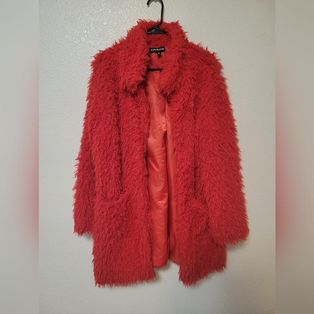 EillyBazar Women's Red Faux Fur Teddy Coat